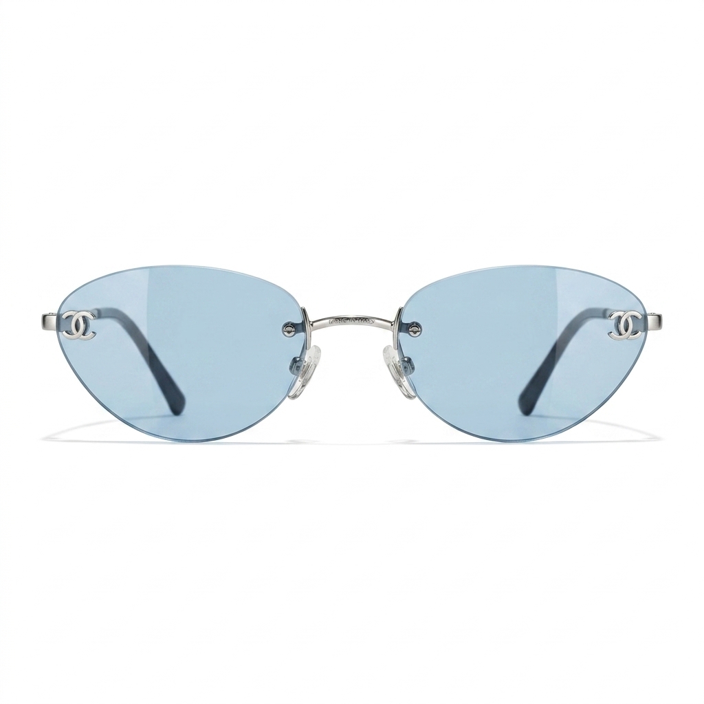 Chanel Rimless Oval Sunglasses Blue Lenses