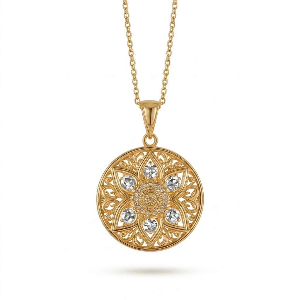 Gold-Plated Floral Mandala Pendant Necklace