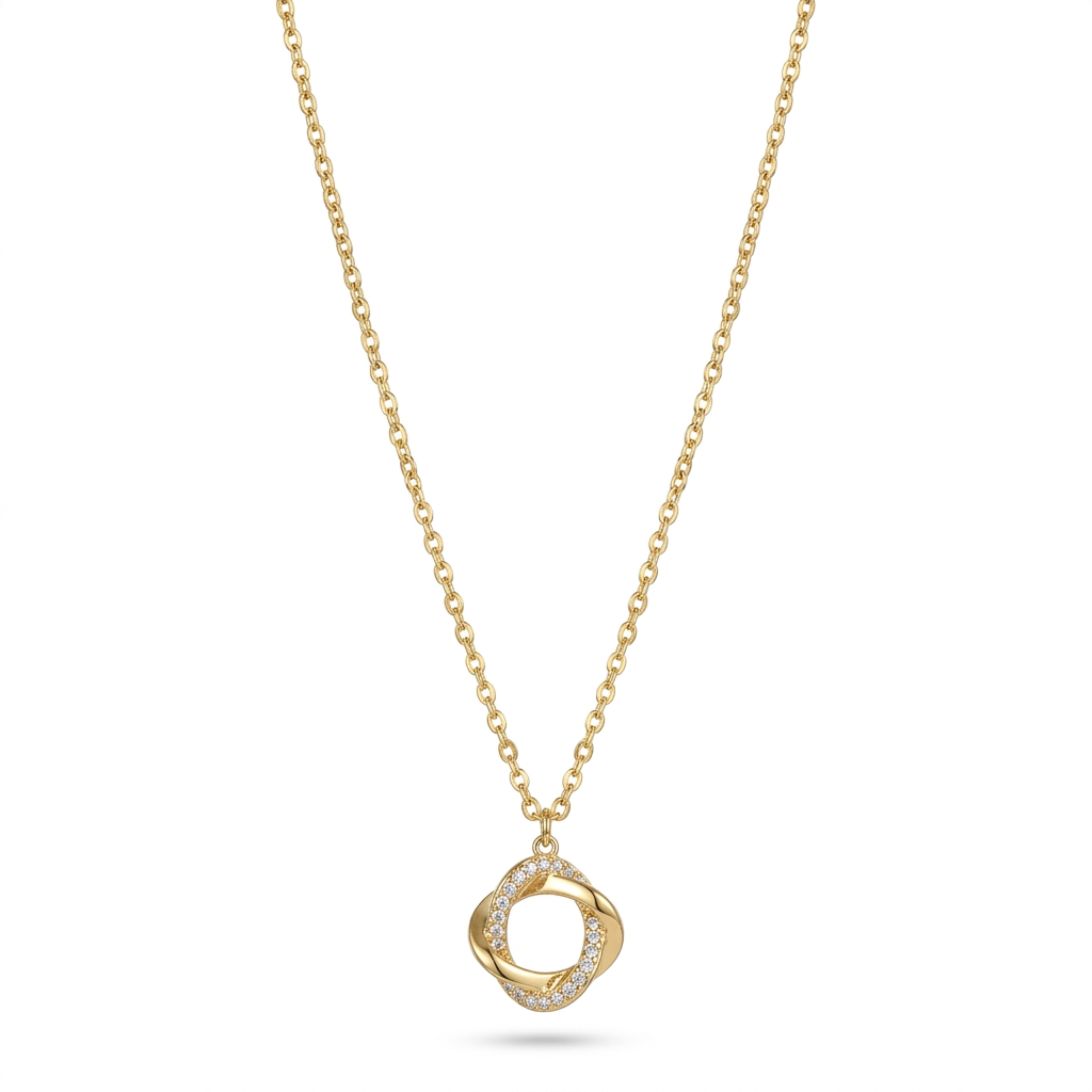 Gold Plated Twisted Ring CZ Pendant Necklace