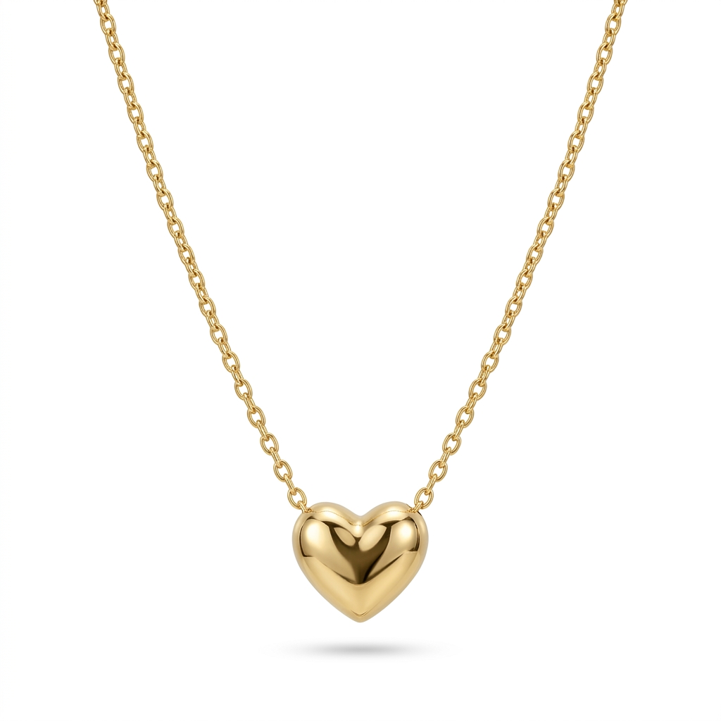 Gold Puffed Heart Pendant Necklace for Women