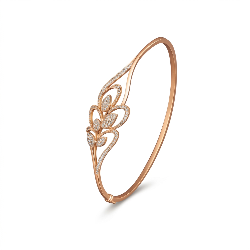 Rose Gold Plated Leaf Design CZ Bangle for Women