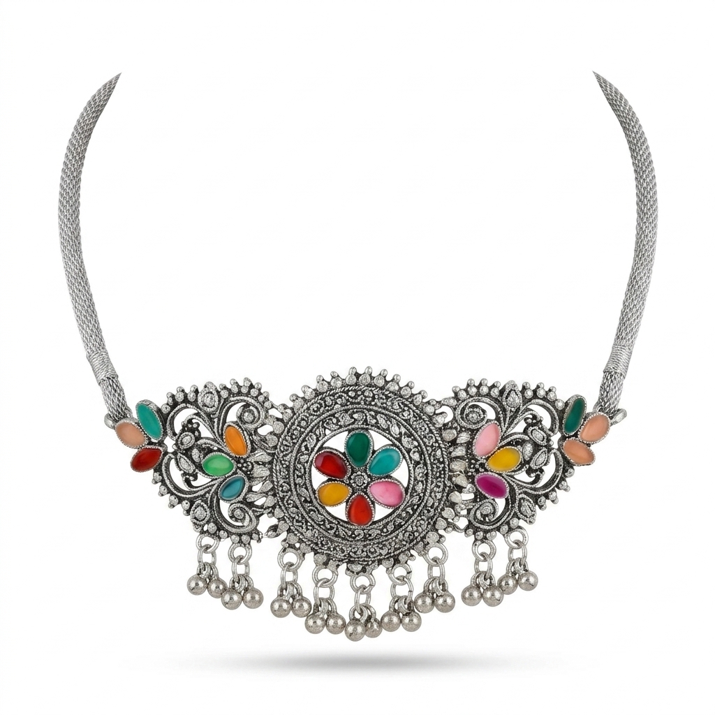 Oxidised Multi-Color Choker Necklace for Women