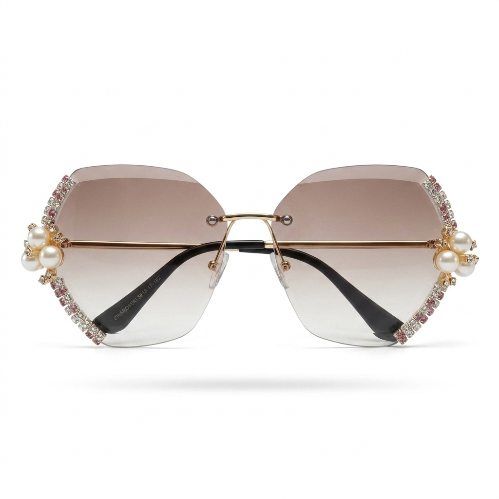 Women's Fashion Pearl & Rhinestone Rimless Sunglasses