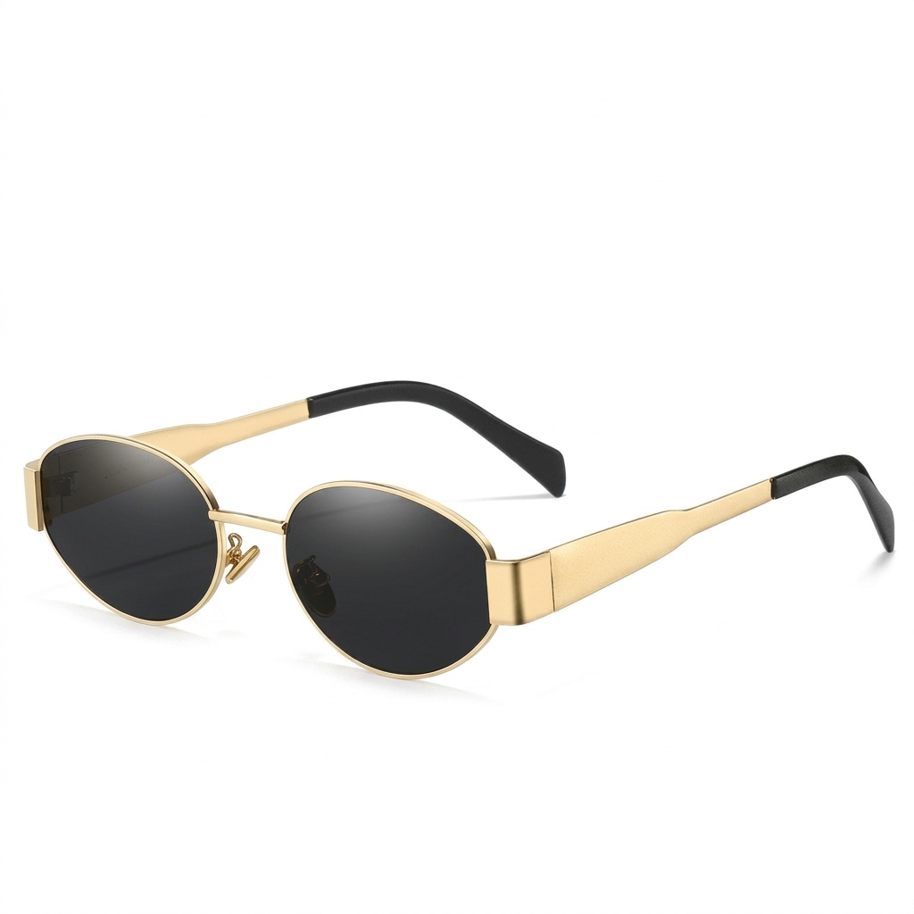 Trendy Oval Gold Frame Black Lens Sunglasses