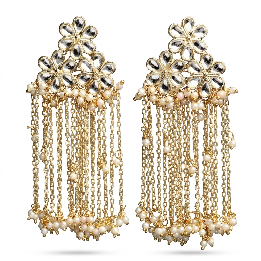 Kundan Style Pearl Chain Drop Earrings for Women