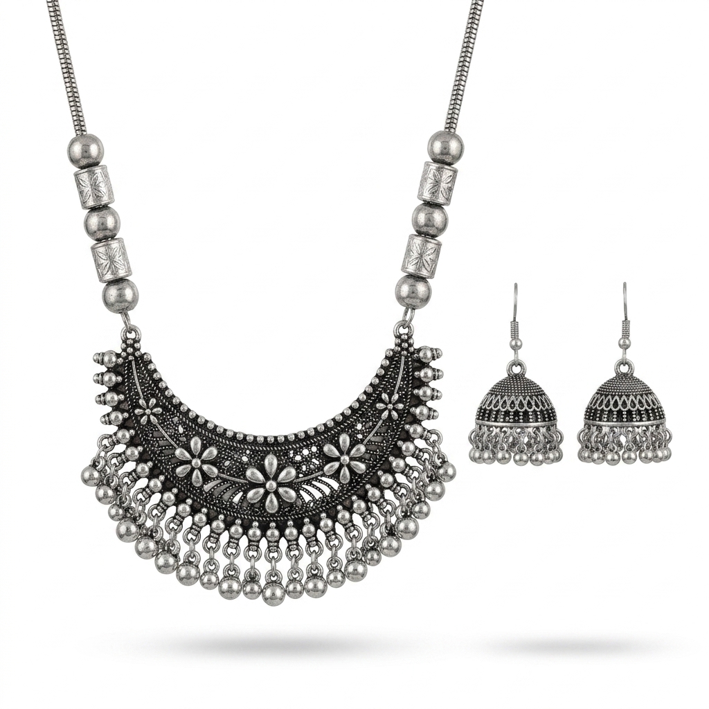 Traditional Oxidized Silver Necklace Jhumka Set