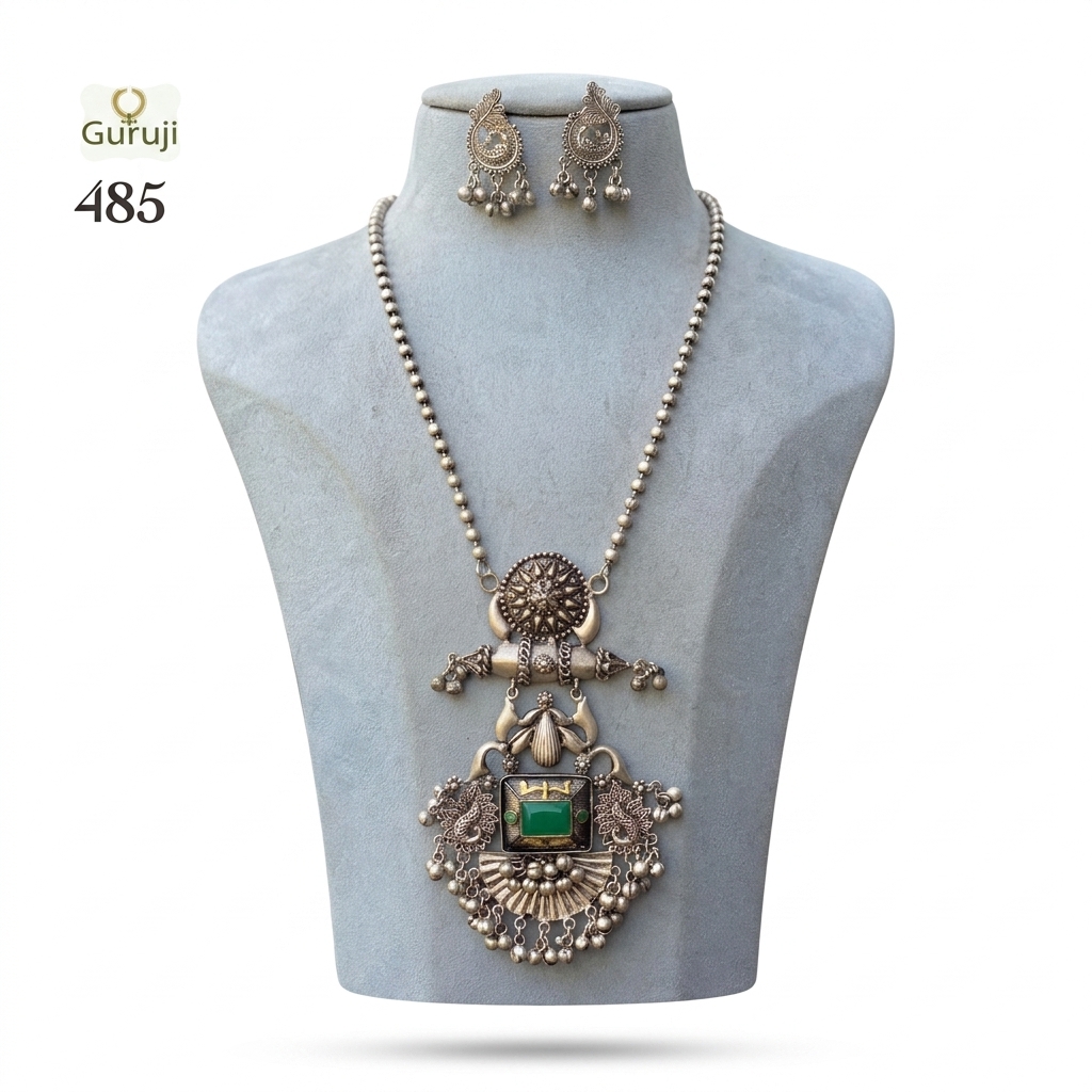 Ethnic Oxidized Necklace Set with Green Stone