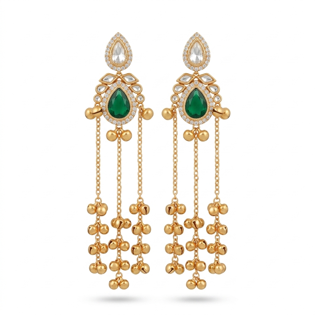 Ethnic Gold Plated Green Stone Chandelier Earrings