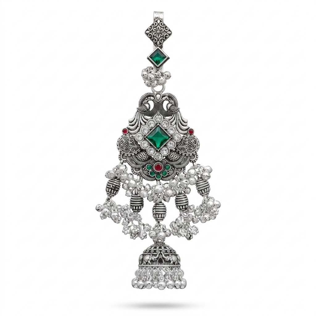 Oxidized Silver Peacock Maang Tikka