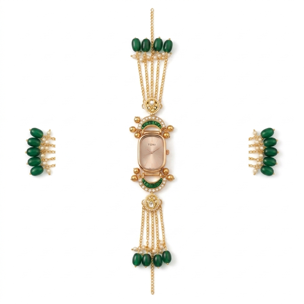 Ethnic Green Bead Watch Haath Phool Set for Women