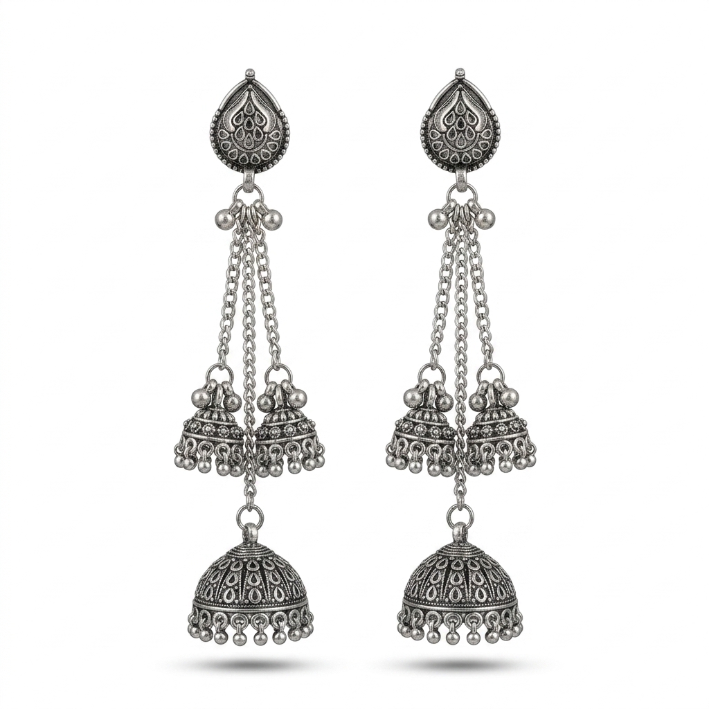 Oxidized Silver Multi Jhumka Chain Earrings