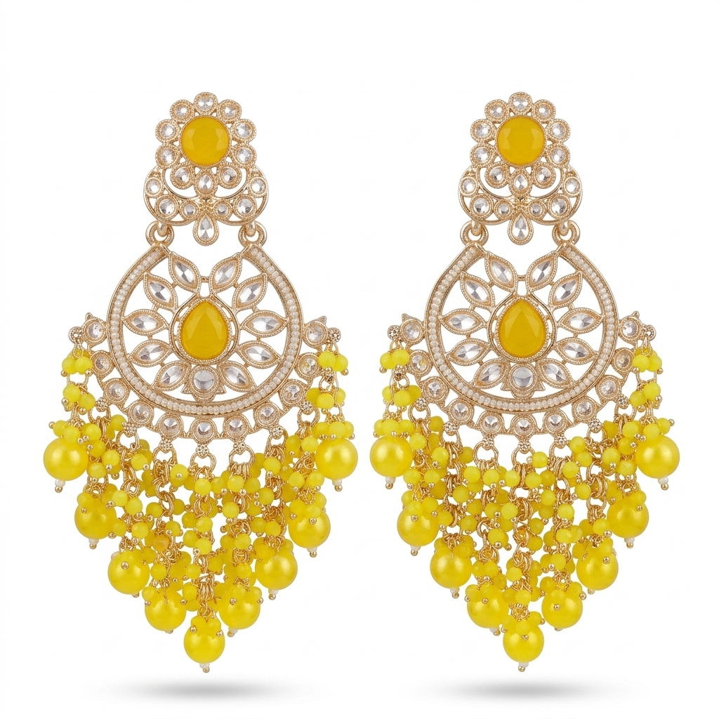 Yellow Beaded Chandbali Earrings for Women