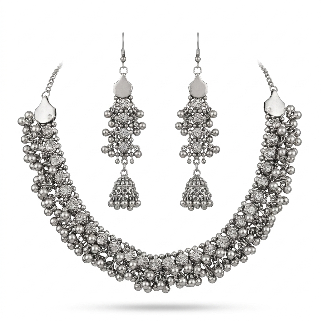 Oxidized Silver Tone Necklace Earring Set