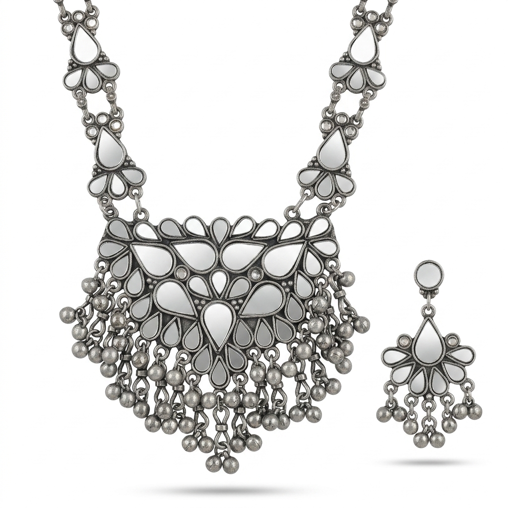 Oxidized Mirror Work Necklace Earring Set