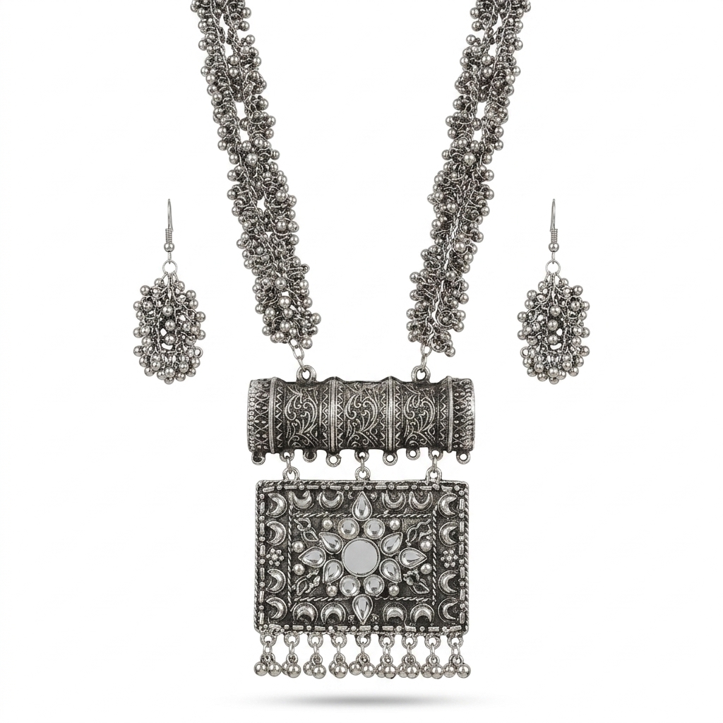 Oxidized Silver Mirror Work Necklace Set