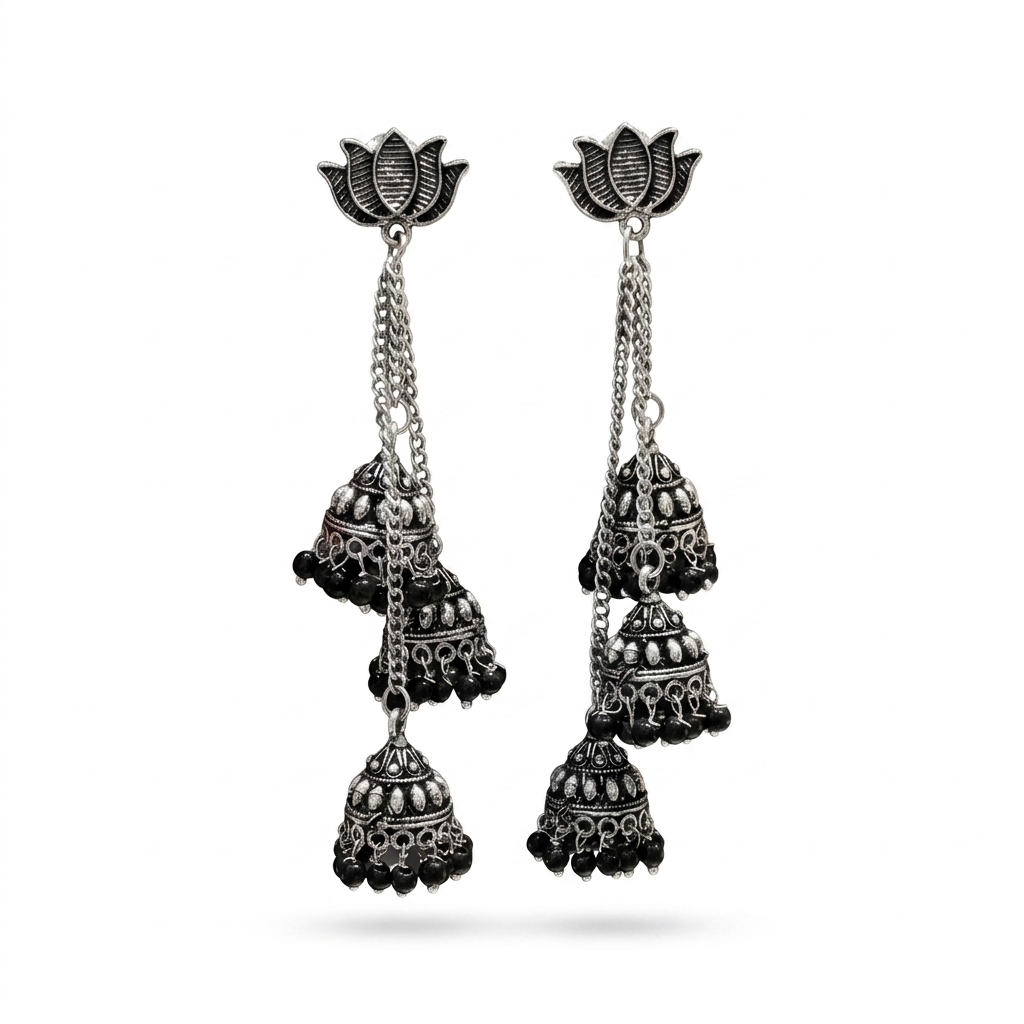 Oxidized Lotus Jhumka Earrings for Women