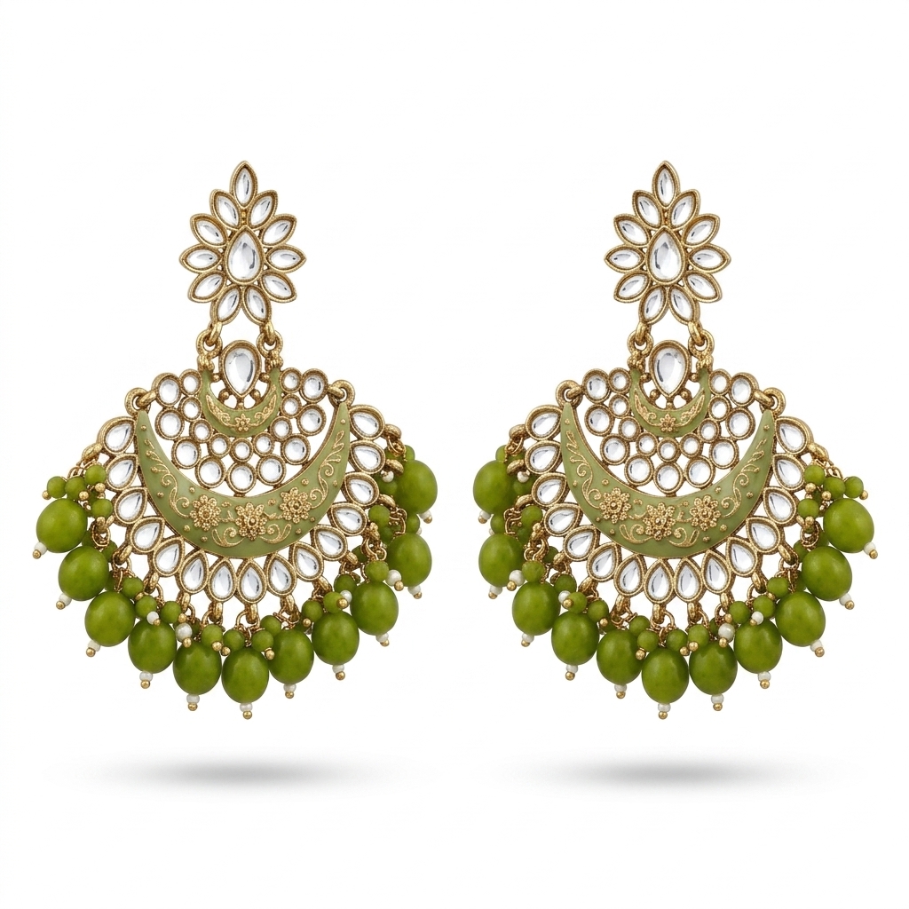 Green Kundan Chandbali Earrings for Women