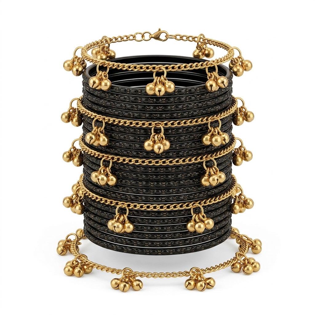Elegant Black & Gold Ghungroo Bangle Set