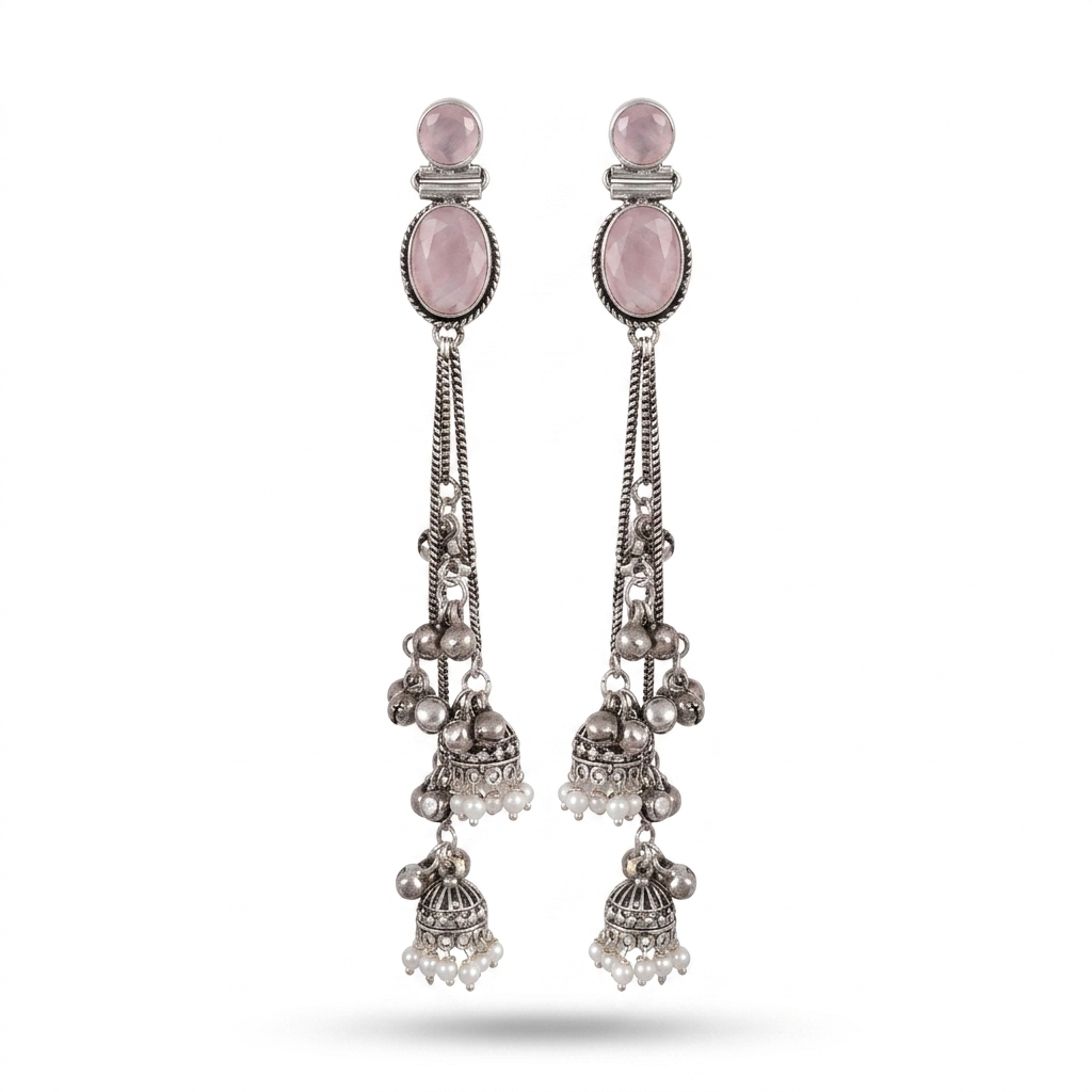 Oxidized Silver Pink Stone Jhumka Dangle Earrings for Women