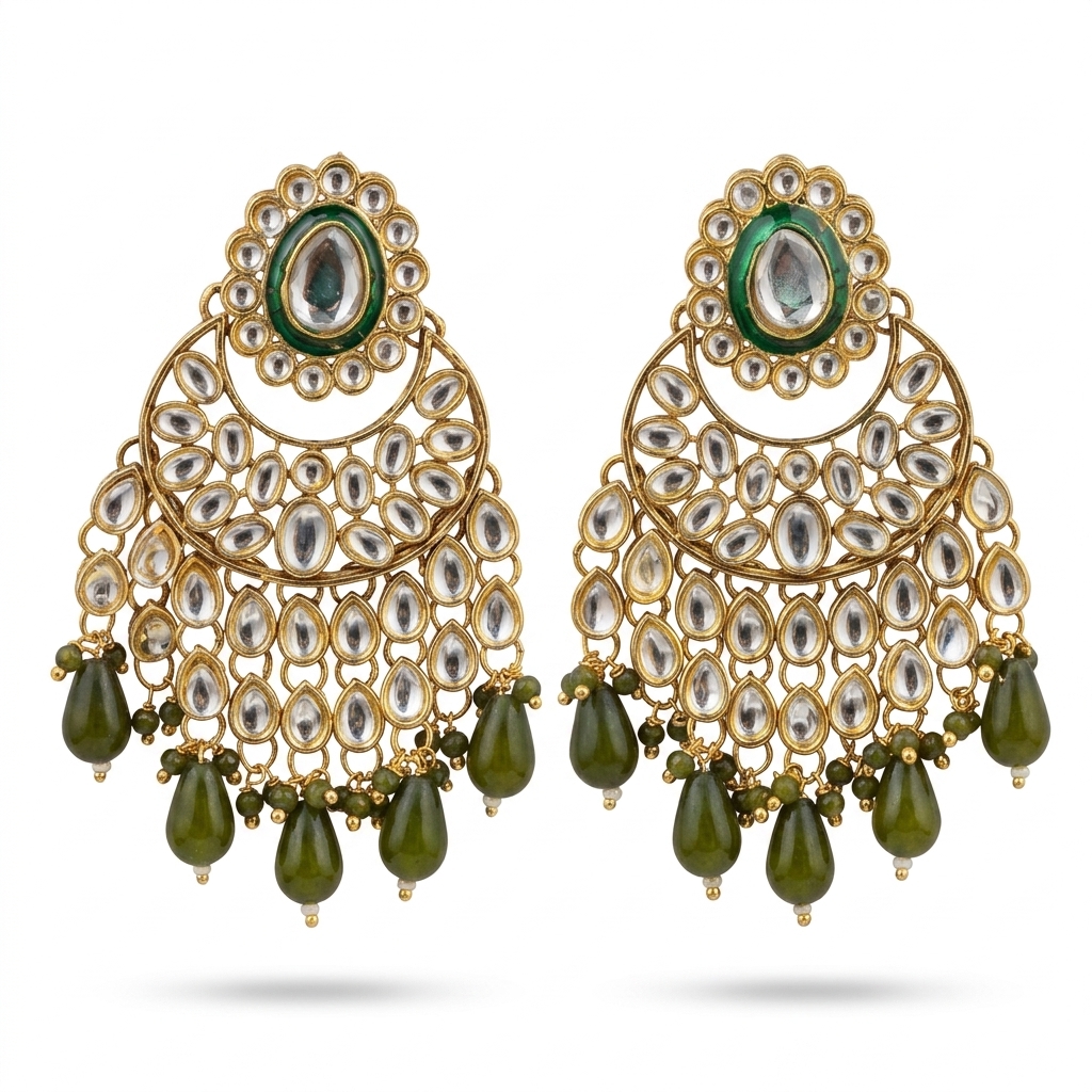 Kundan Chandbali Earrings with Green Beads