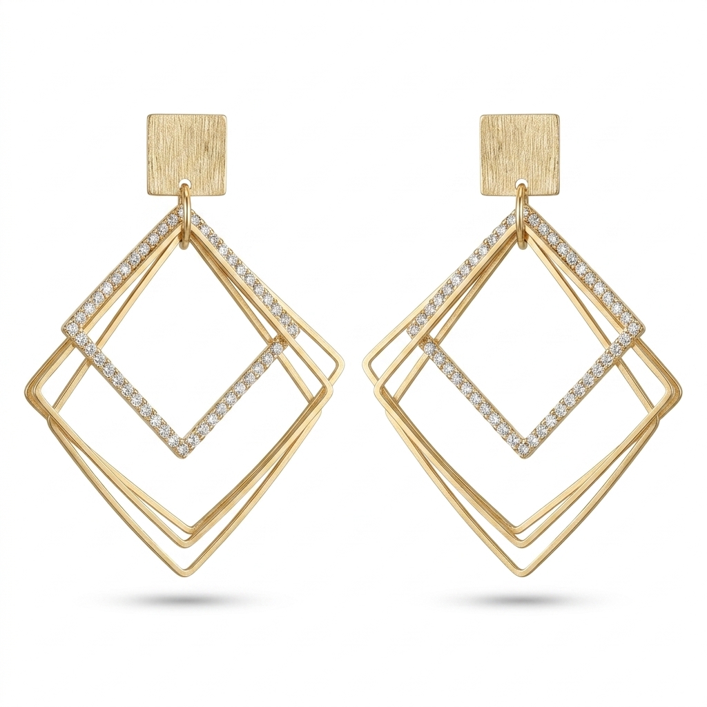 Elegant Gold Plated Layered Geometric Dangle Earrings