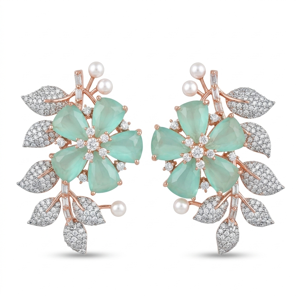 Elegant Floral Leaf CZ Pearl Drop Earrings
