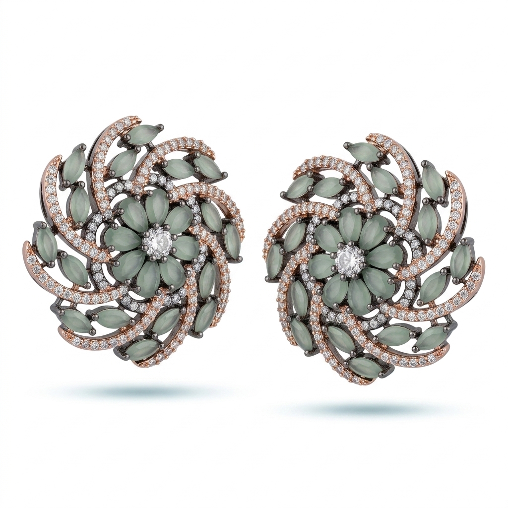 Green CZ Dual Tone Stud Earrings for Women