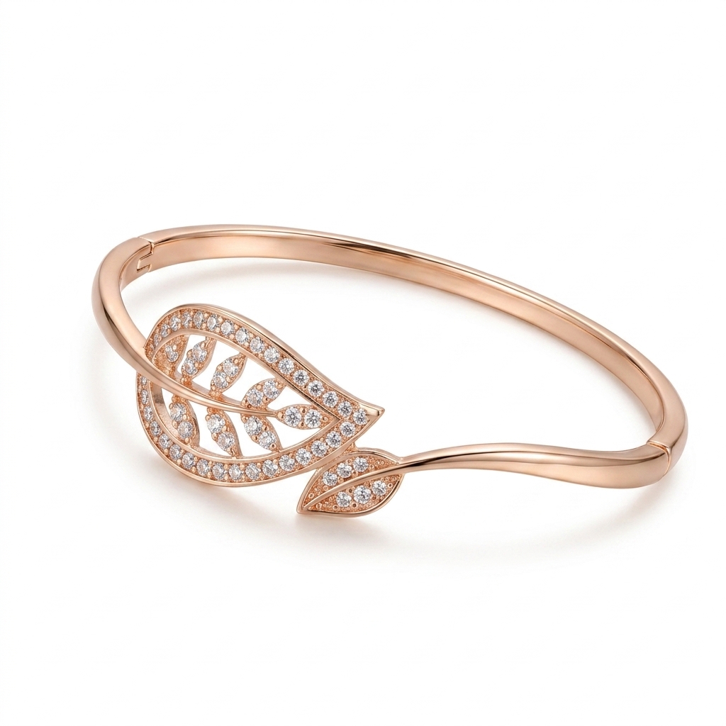 Leaf Design Rose Gold Plated CZ Bangle for Women