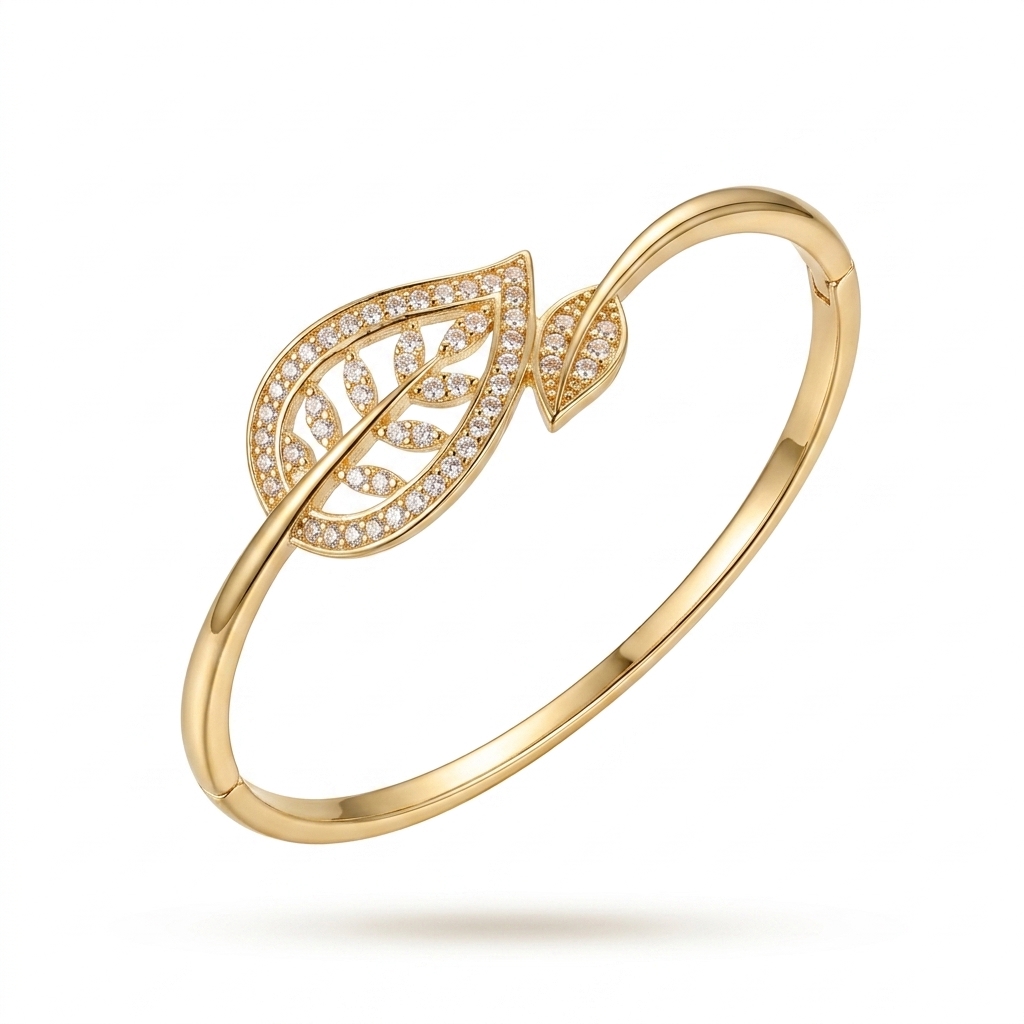 Elegant Gold Plated CZ Leaf Bangle Bracelet