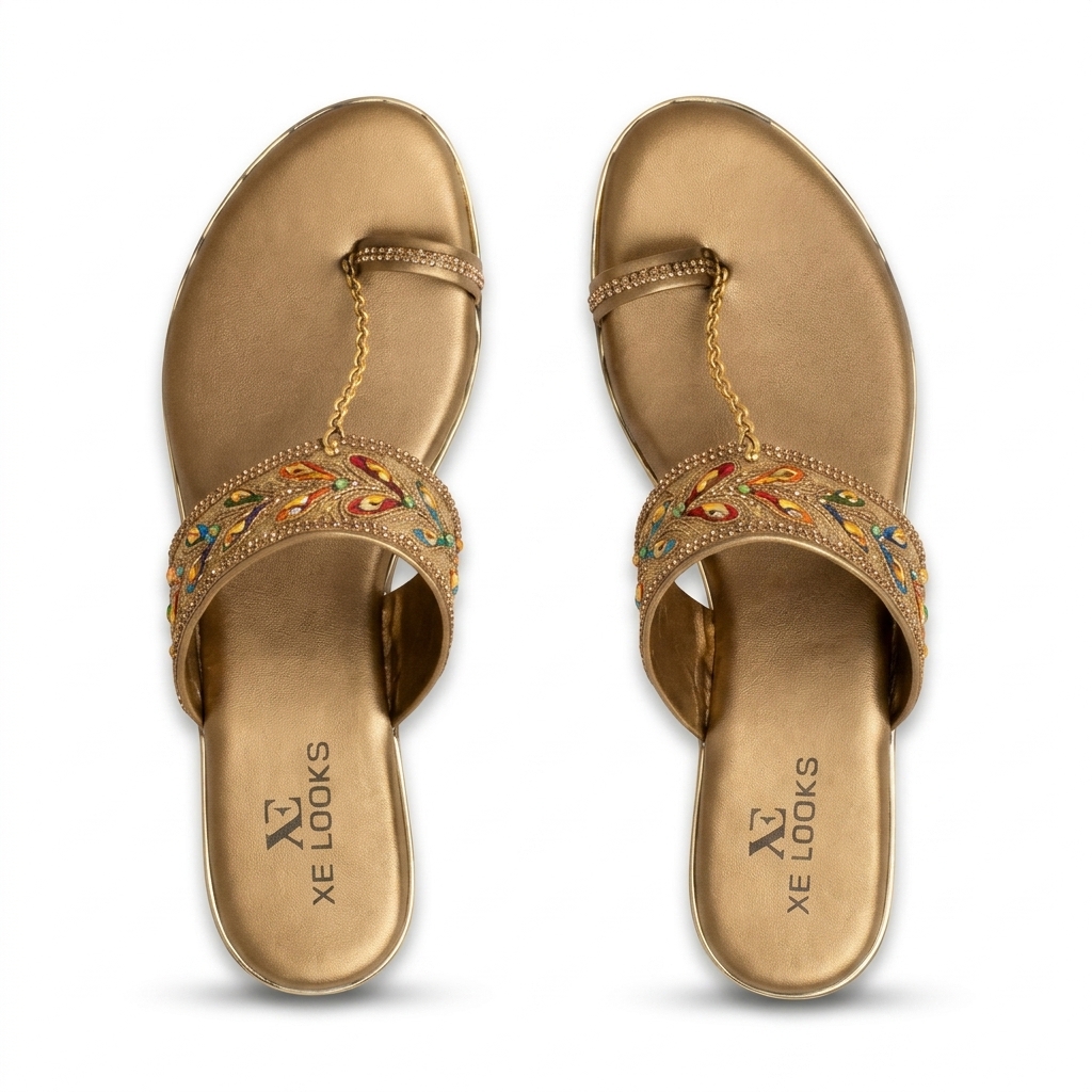 Gold Embroidered Toe-Ring Flat Sandals