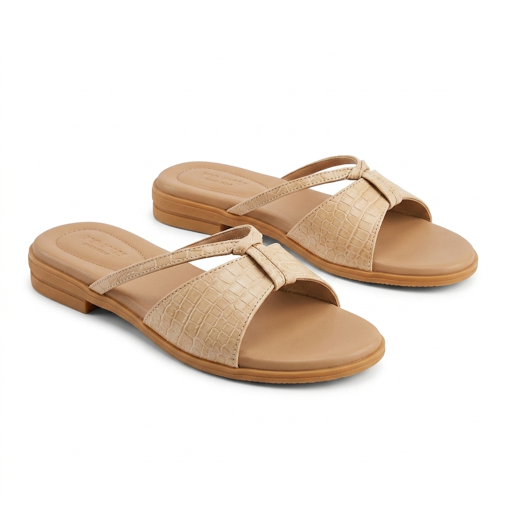 Women's Beige Croc Textured Flat Sandals