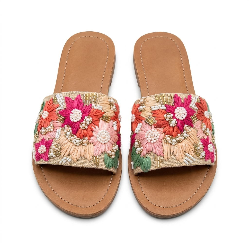 Floral Embroidered Jute Slides for Women