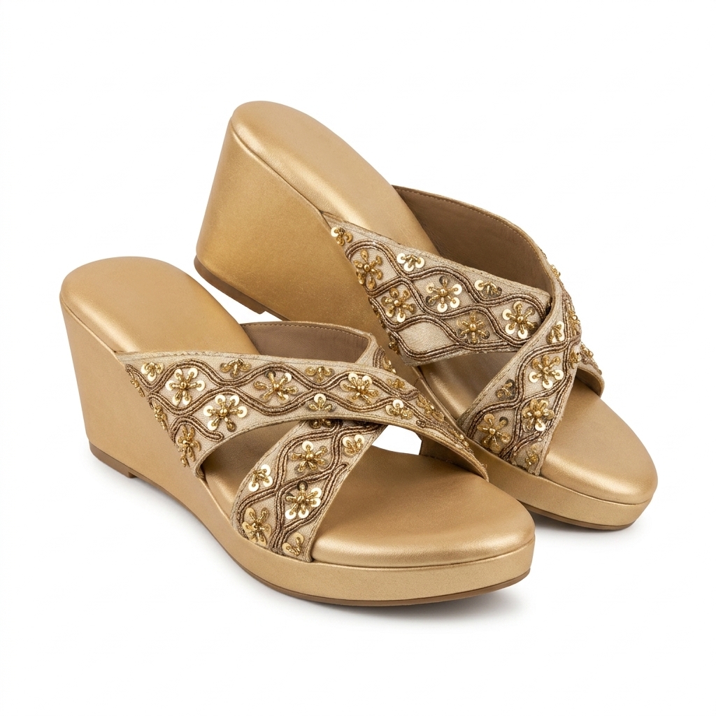 Golden Embroidered Wedge Heel Sandals for Women