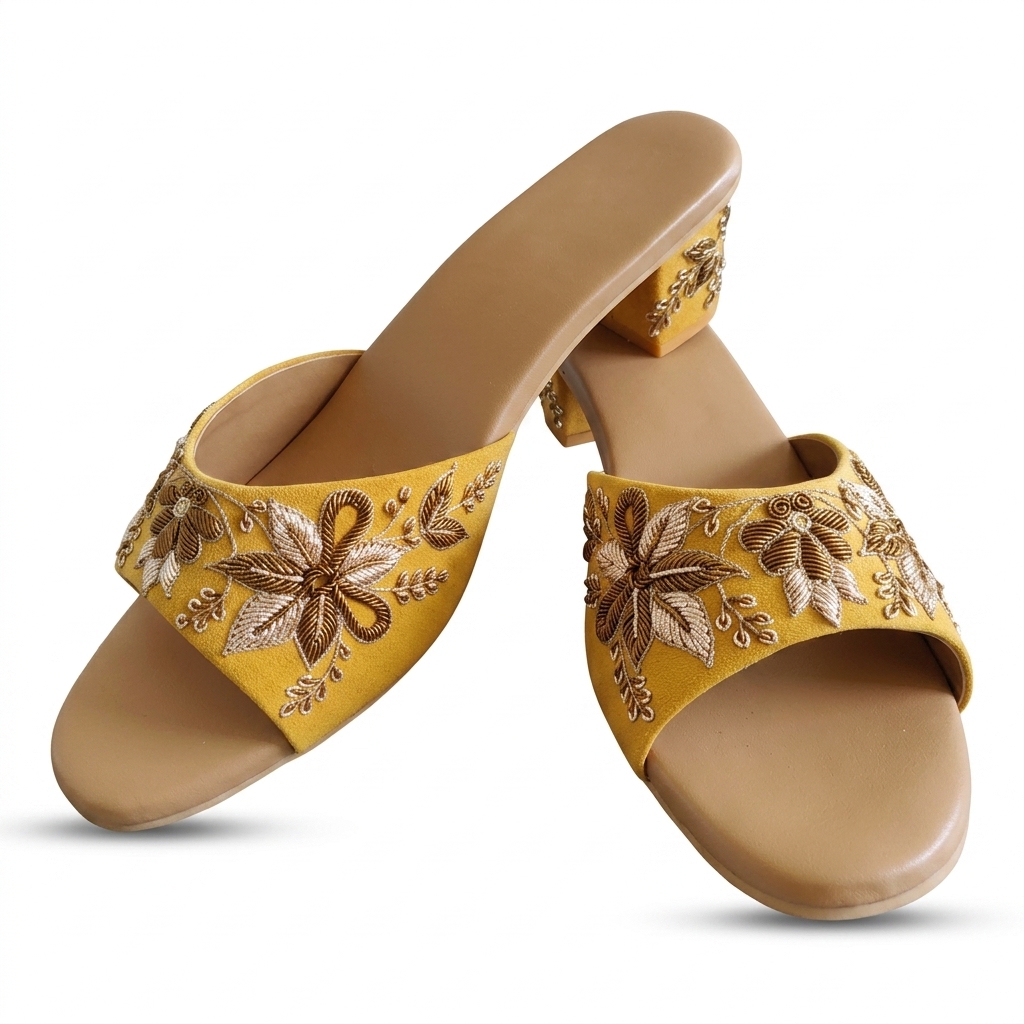 Women's Yellow Embroidered Block Heel Sandals