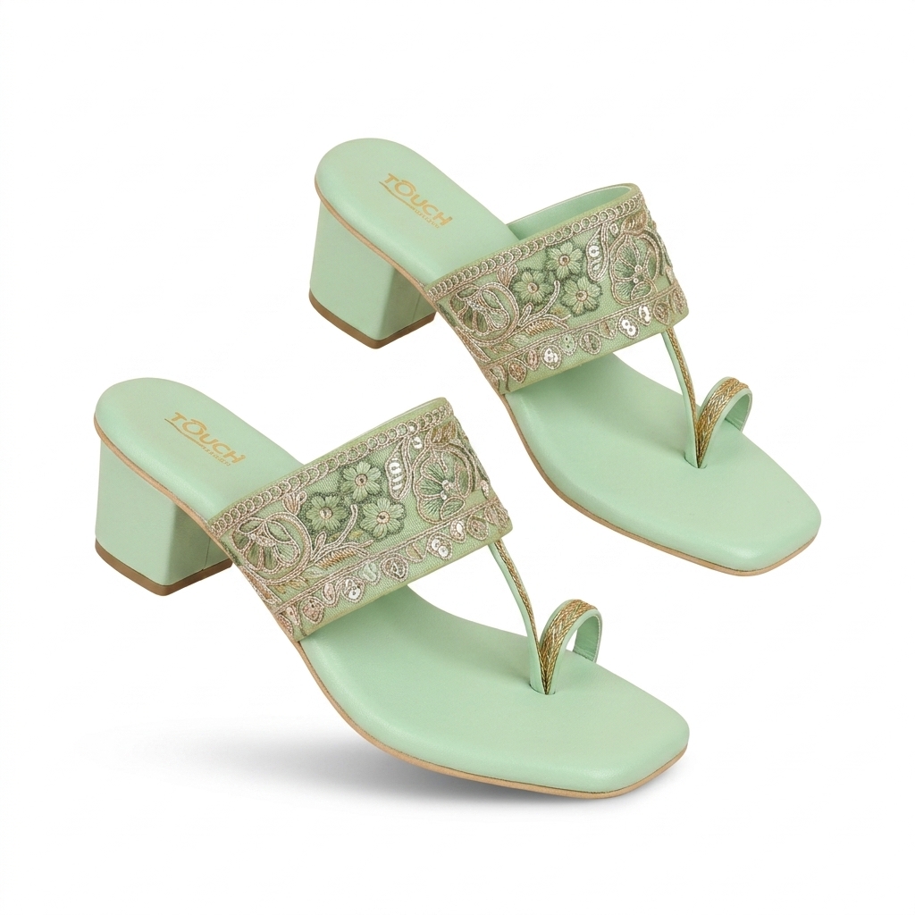 Mint Green Embroidered Block Heel Sandals for Women