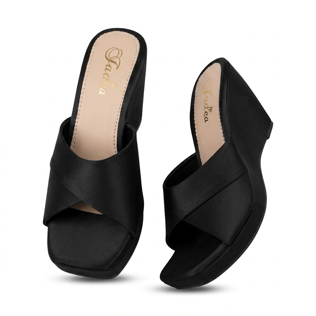 Black Satin Cross Strap Wedge Heels for Women