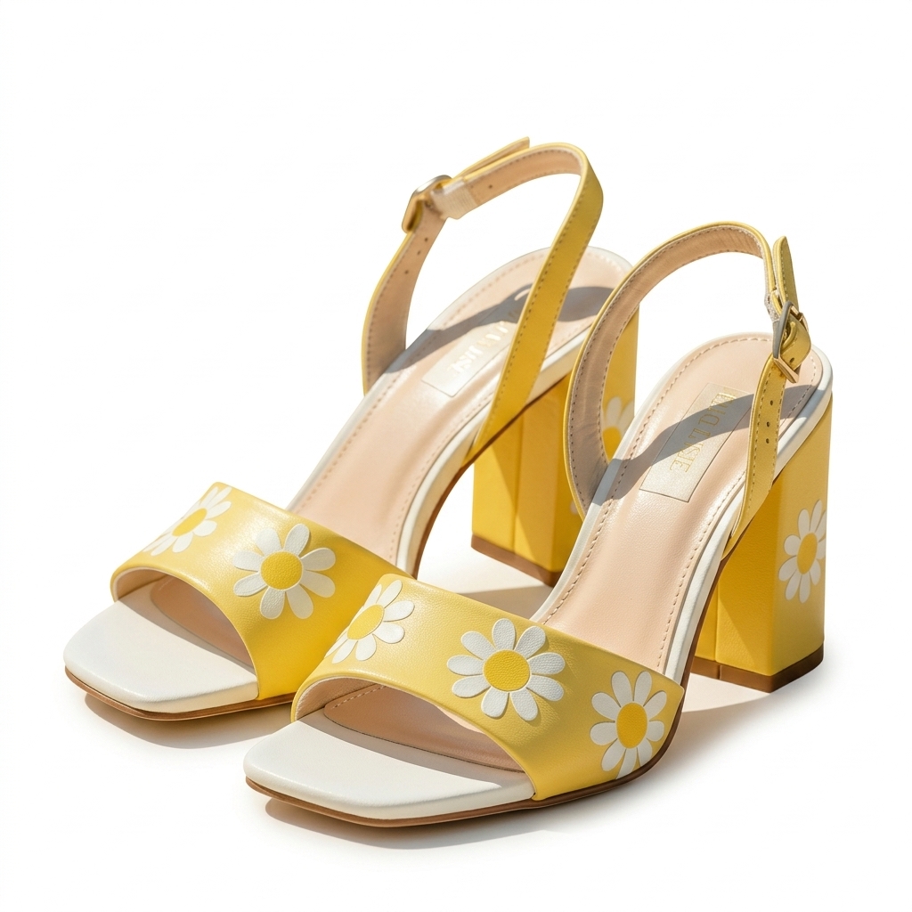 Yellow Daisy Print Block Heel Sandals for Women