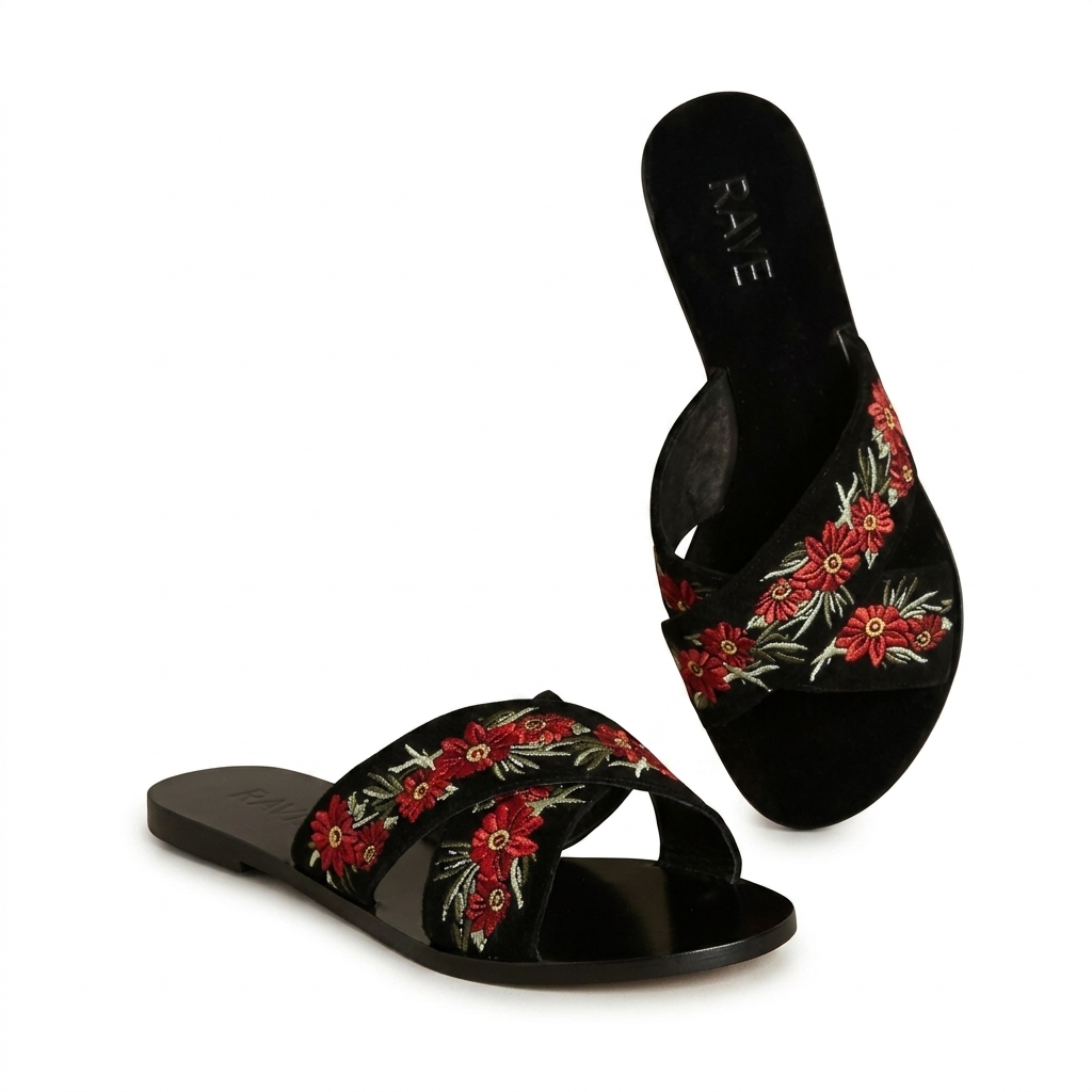 Floral Embroidered Black Flats for Women