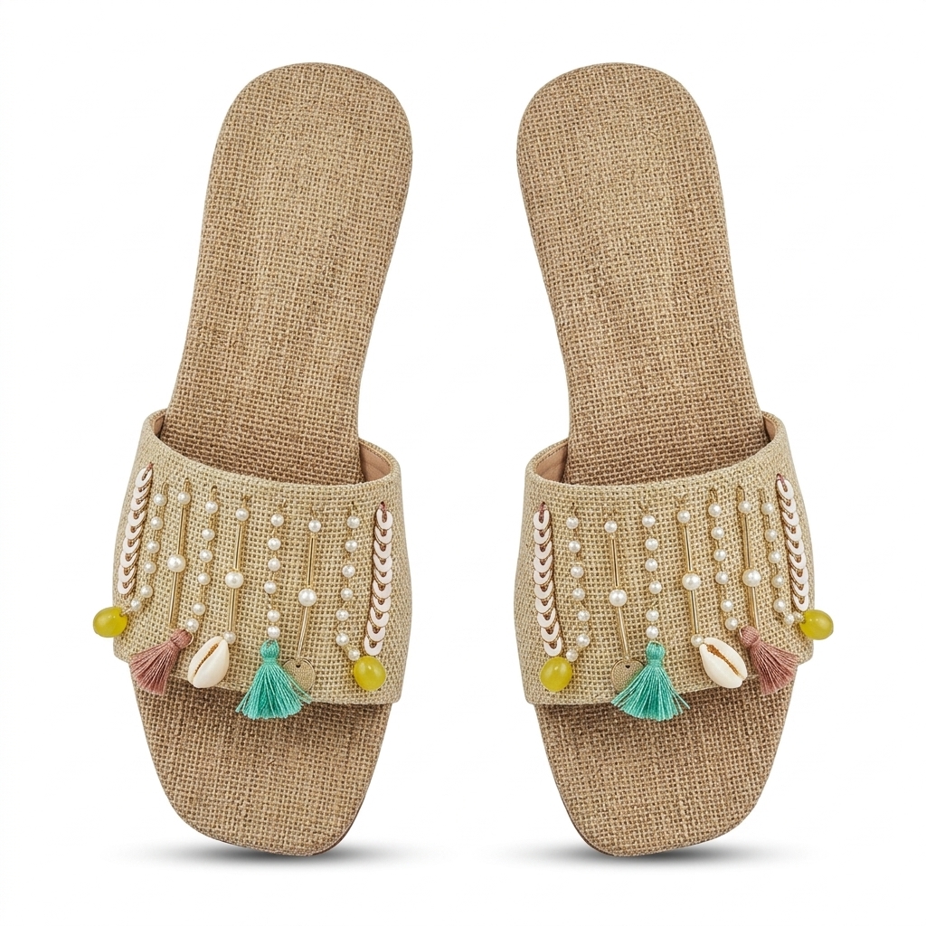 Bohemian Jute Pearl Tassel Flat Sandals for Women