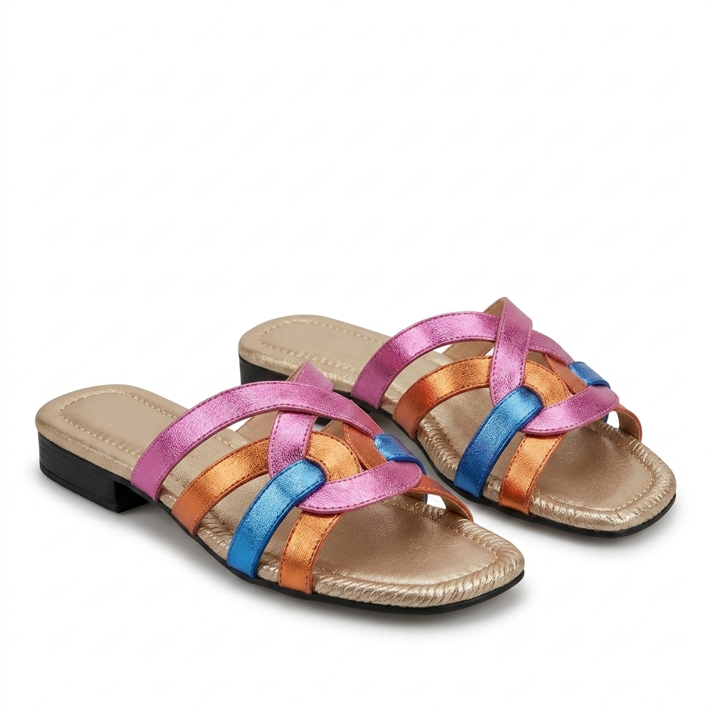 Stylish Metallic Multi-Strap Flats