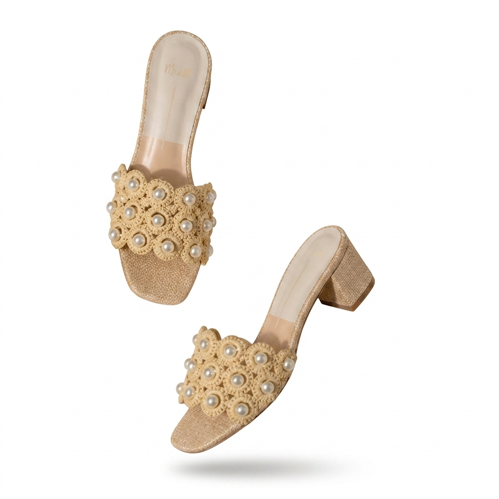 Pearl Embellished Woven Block Heel Mules
