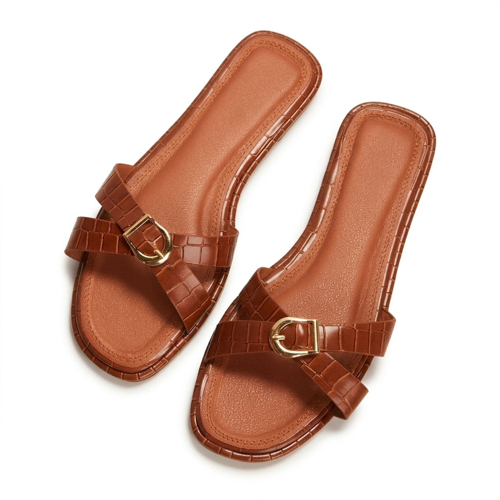Women's Faux Croc Flat Sandals - Brown