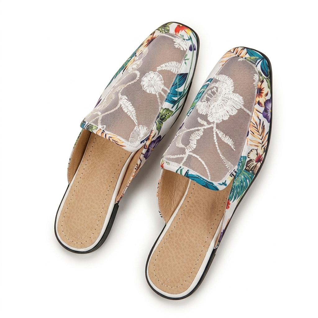 Floral Mesh Embroidered Mules for Women