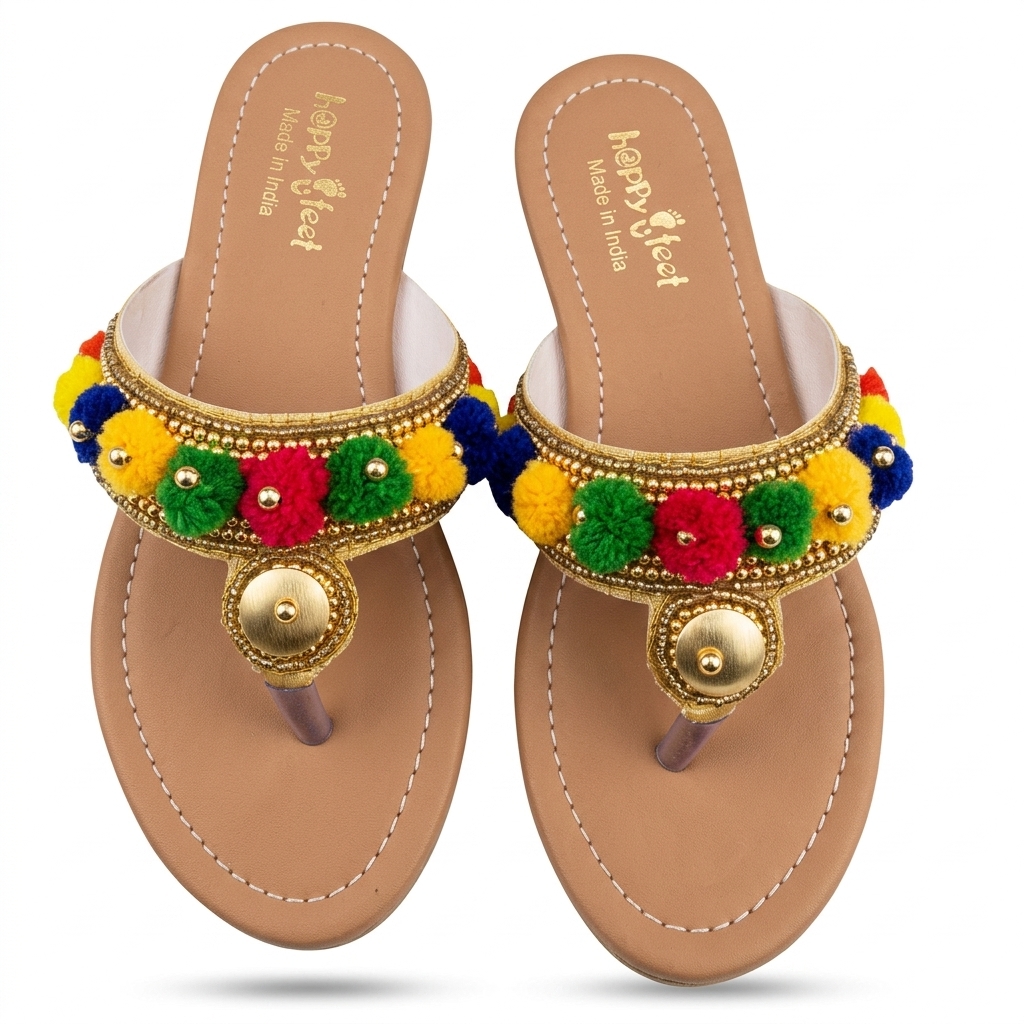 Ethnic Pom Pom Flat Sandals for Women