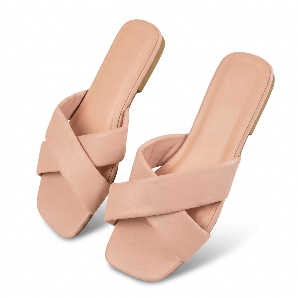 Stylish Peach Criss-Cross Flat Sliders