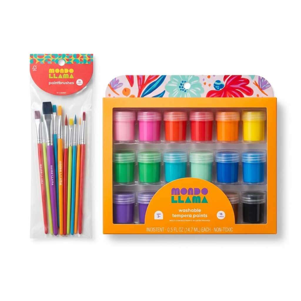 Washable Tempera Paints Set with 10 Paintbrushes