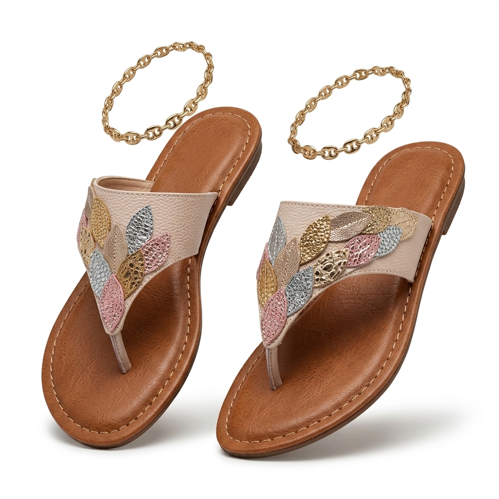 Stylish Women's Flat Sandals | Metallic Leaf Design