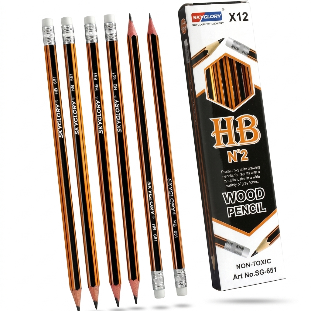SKYGLORY HB Pencil Set with Eraser - 12 Pcs
