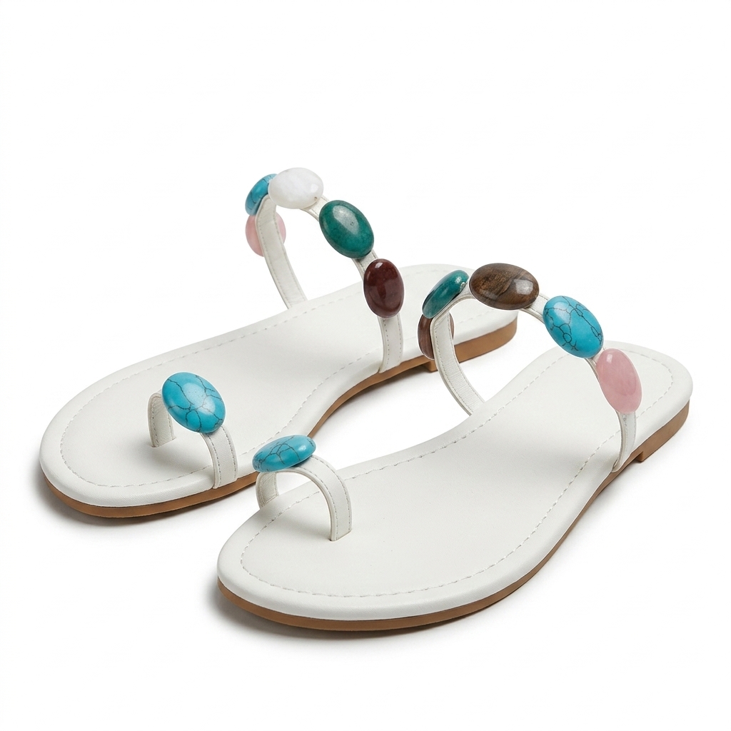 Stylish Women's White Stone Embellished Flat Sandals