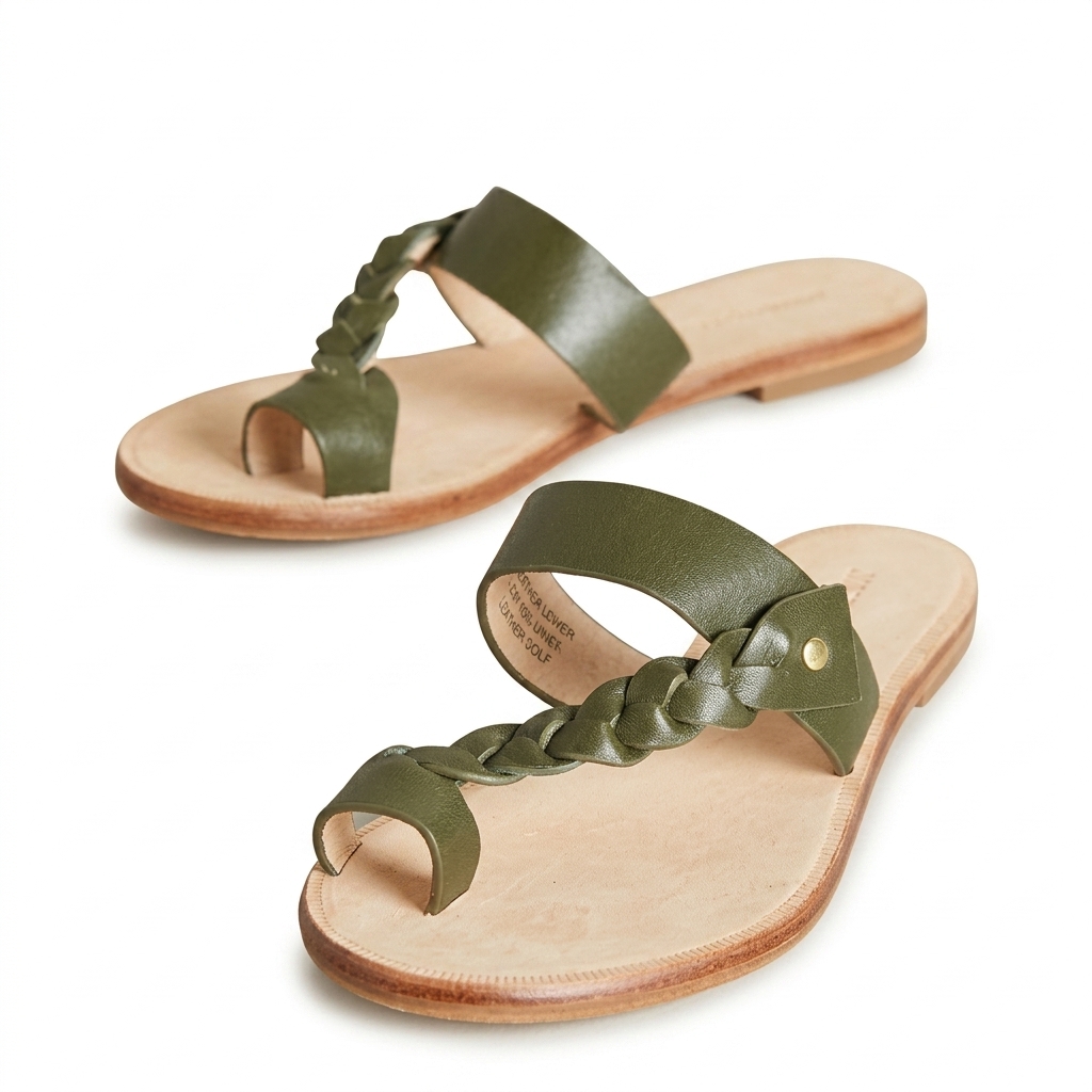 Olive Green Braided Flat Sandals for Women